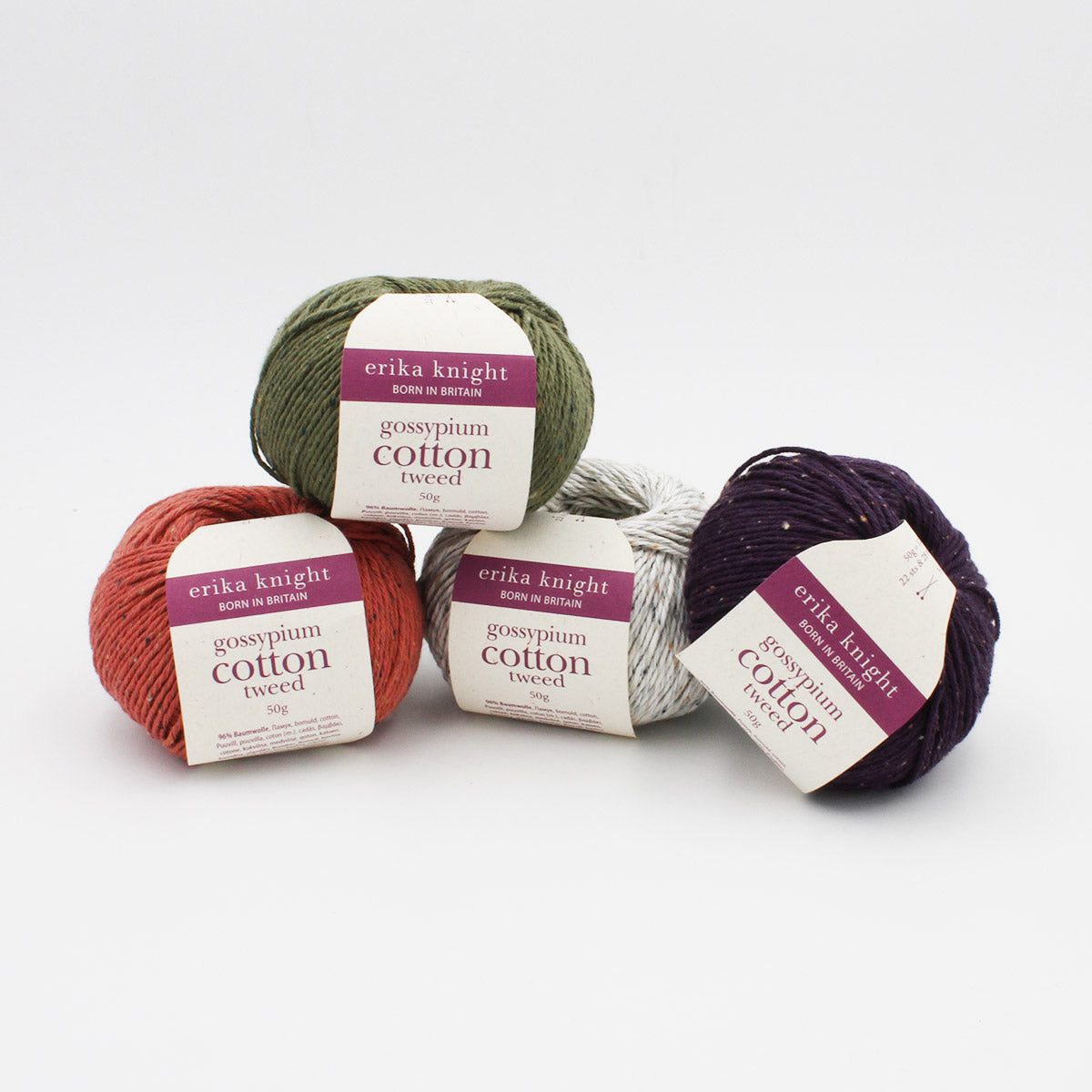 Présentation de 4 pelotes de Gossypium Cotton Tweed d'Erika Knight dans des coloris assortis