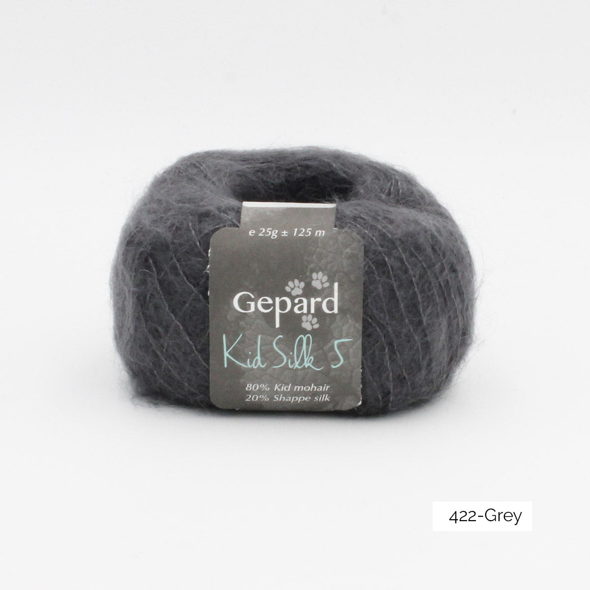 Une pelote de Kid Silk 5 de Gepard Garn dans le coloris Grey (gris foncé)