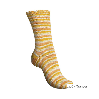 Exemple d'une chaussette tricotée avec le coloris Oranges de la gamme Tutti Frutti Cotton de Regia