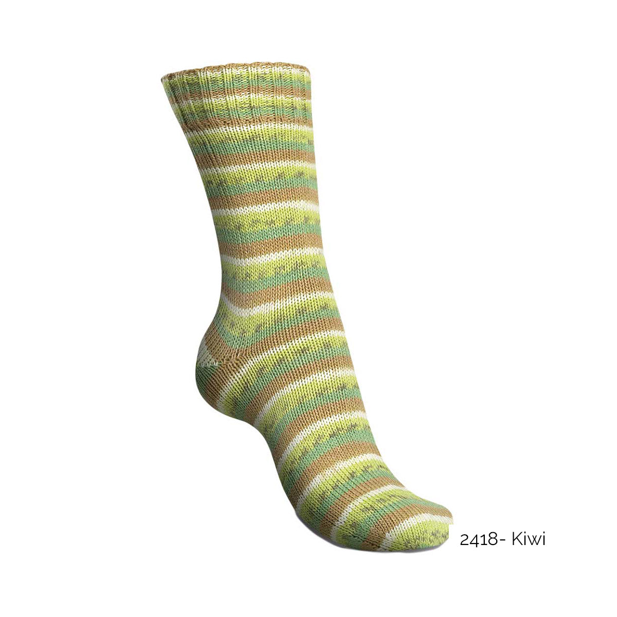 Exemple d'une chaussette tricotée avec le coloris Kiwi de la gamme Tutti Frutti Cotton de Regia