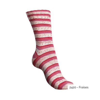 Exemple d'une chaussette tricotée avec le coloris Fraises de la gamme Tutti Frutti Cotton de Regia