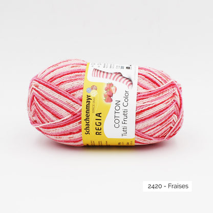 Une pelote de fil à chaussettes Regia coloris Fraises de la gamme Tutti Frutti Cotton