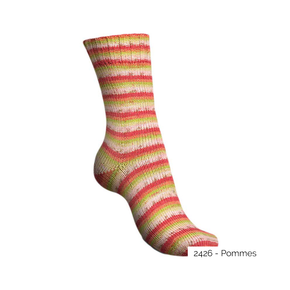 Exemple d'une chaussette tricotée avec le coloris Pommes de la gamme Tutti Frutti Cotton de Regia