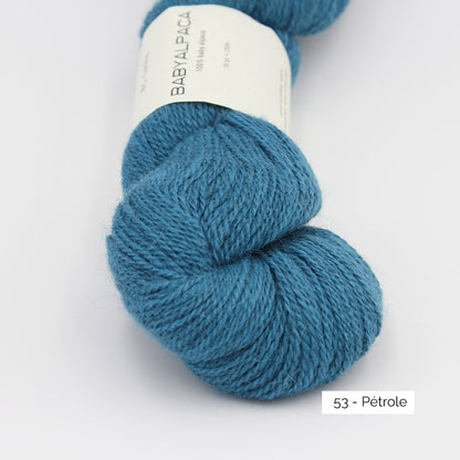 Texture et couleur d'un écheveau de Baby Alpaca de BC Garn, coloris 53 Pétrole