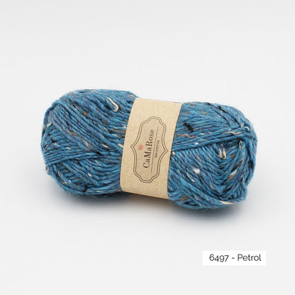 Pelote de Lama Tweed de CaMaRose, mélange de lama, laine et viscose, coloris 6497 Petrol (bleu pétrole tweedé naturel et caramel)