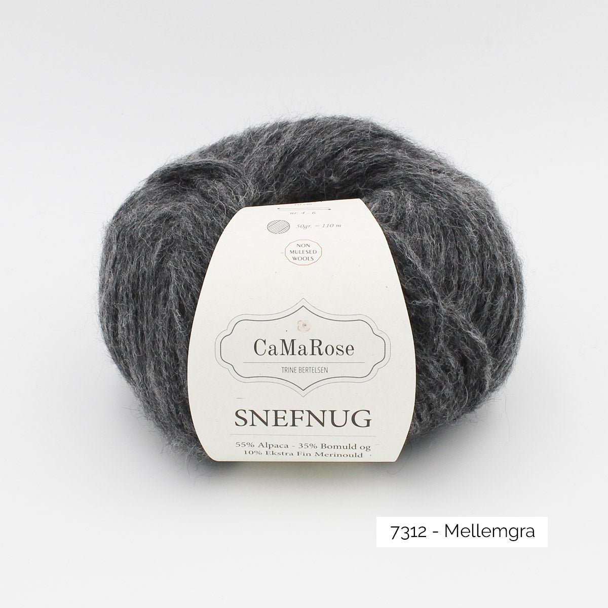 Pelote de Snefnug de CaMaRose, alpaga et mérinos soufflé sur un filet de coton, coloris 7312 Mellemgra (gris foncé)