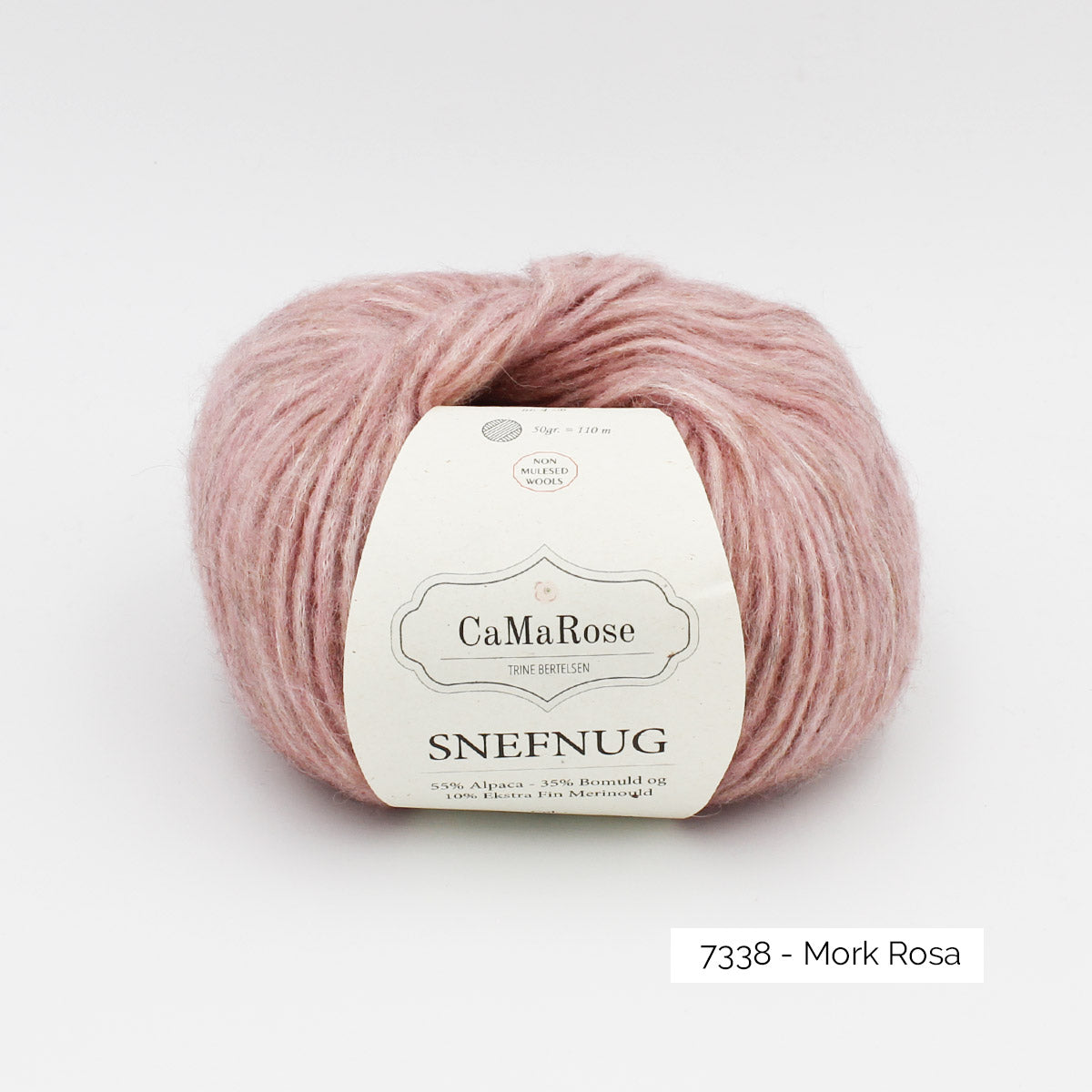 Pelote de Snefnug de CaMaRose, alpaga et mérinos soufflé sur un filet de coton, coloris 7338 Mork Rosa (vieux rose)