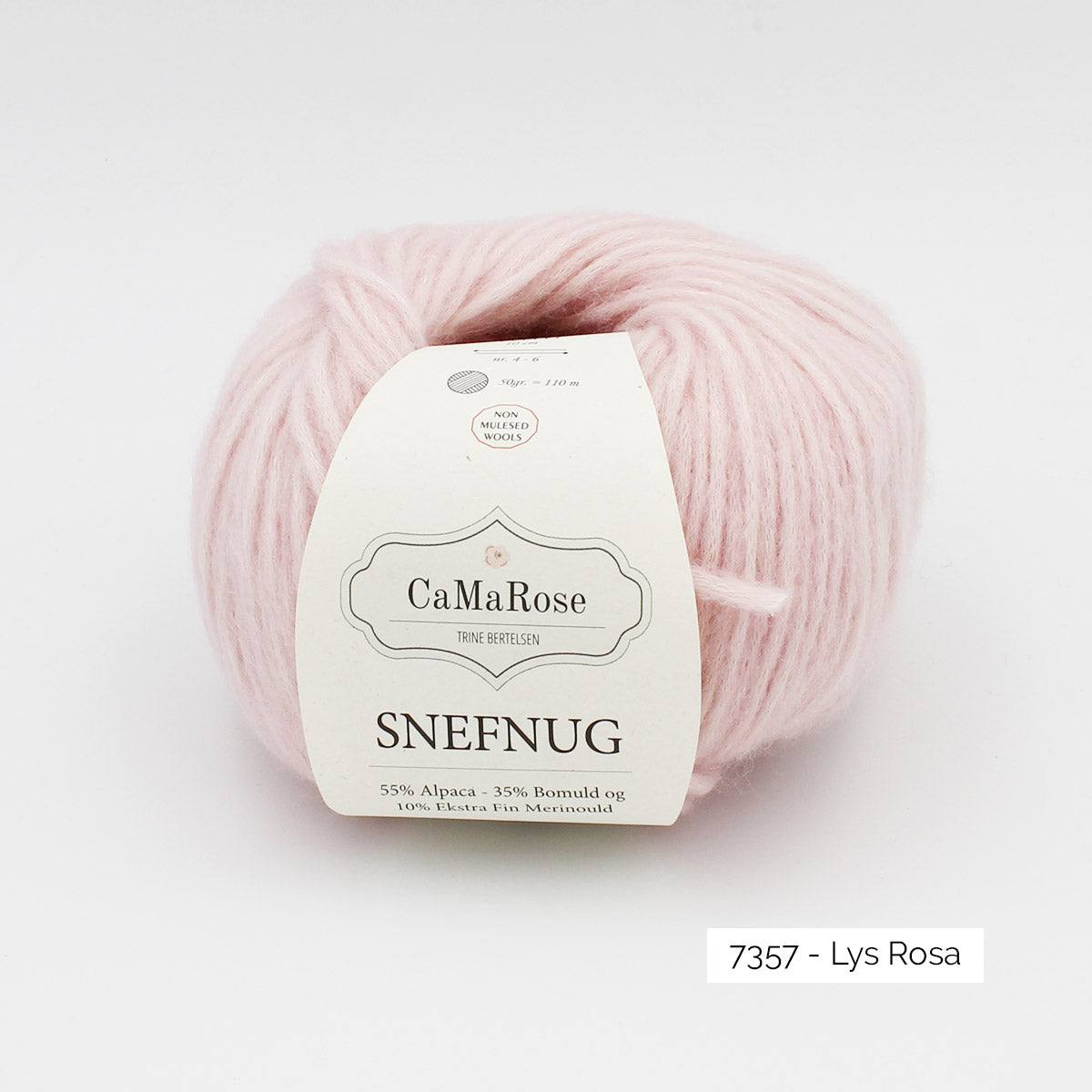 Pelote de Snefnug de CaMaRose, alpaga et mérinos soufflé sur un filet de coton, coloris 7357 Lys Rosa (rose clair)