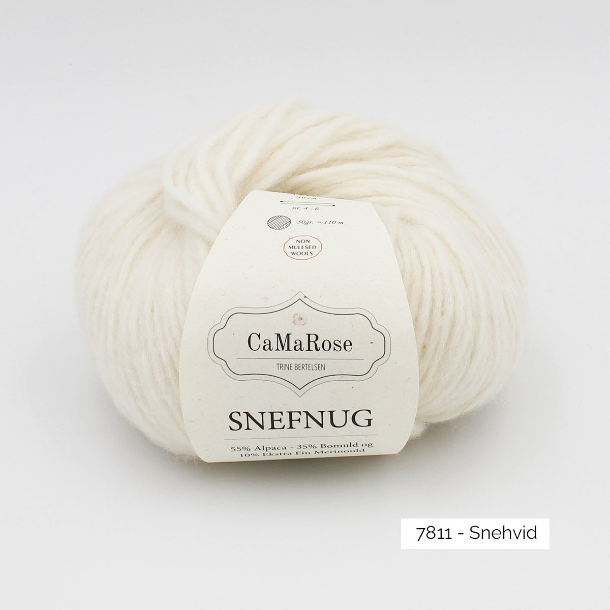 Pelote de Snefnug de CaMaRose, alpaga et mérinos soufflé sur un filet de coton, coloris 7811 Snehvid (blanc neige)