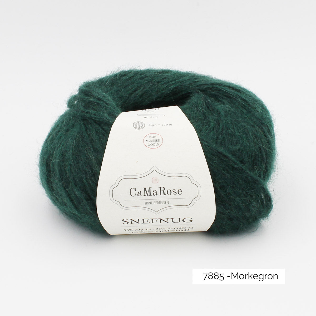 Pelote de Snefnug de CaMaRose, alpaga et mérinos soufflé sur un filet de coton, coloris 7885 Morkegron (vert bouteille)