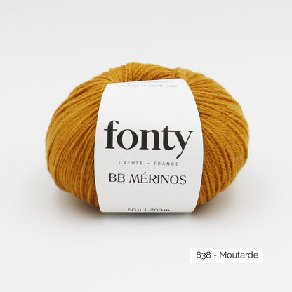 Pelote de mérinos extrafin superwash BB Mérinos de Fonty, coloris 838 Moutarde