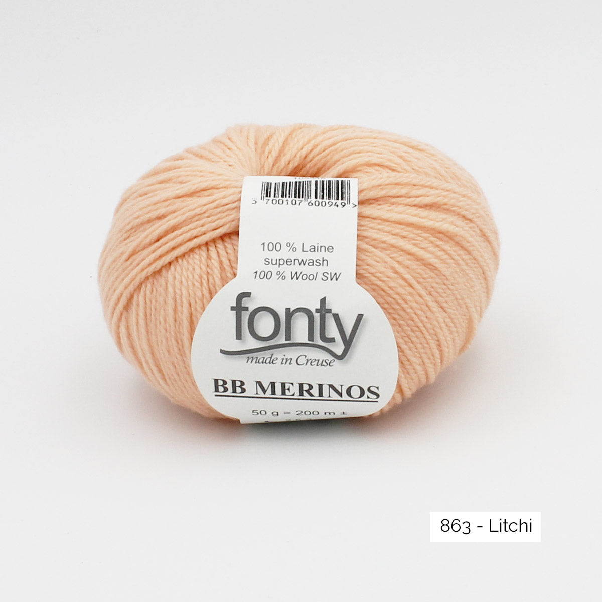 Pelote de mérinos extrafin superwash BB Mérinos de Fonty, coloris 873 Litchi (pêche clair)