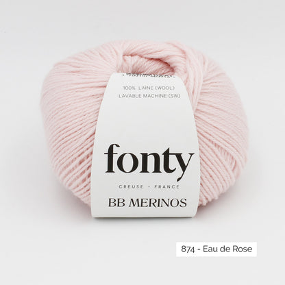 Pelote de mérinos extrafin superwash BB Mérinos de Fonty, coloris 874 Eau de Rose