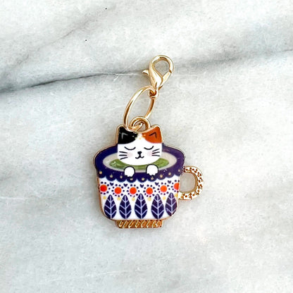 Marqueur de maille Knits by ce, modèle Chat dans une tasse de thé (amovible)