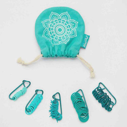 Anneaux marqueurs plastique turquoise de la collection Mindful de Knit Pro et leur pochette