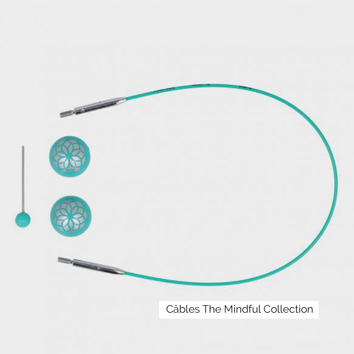 Câble pivotant pour aiguilles circulaires interchangeables Knit Pro, collection Mindful, turquoise et argent avec bouchons stop mailles et clé de serrage assortis