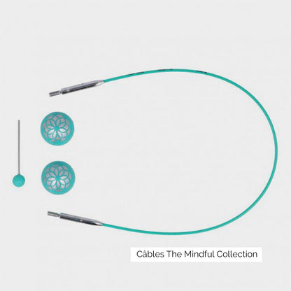 Câble pivotant pour aiguilles circulaires interchangeables Knit Pro, collection Mindful, turquoise et argent avec bouchons stop mailles et clé de serrage assortis