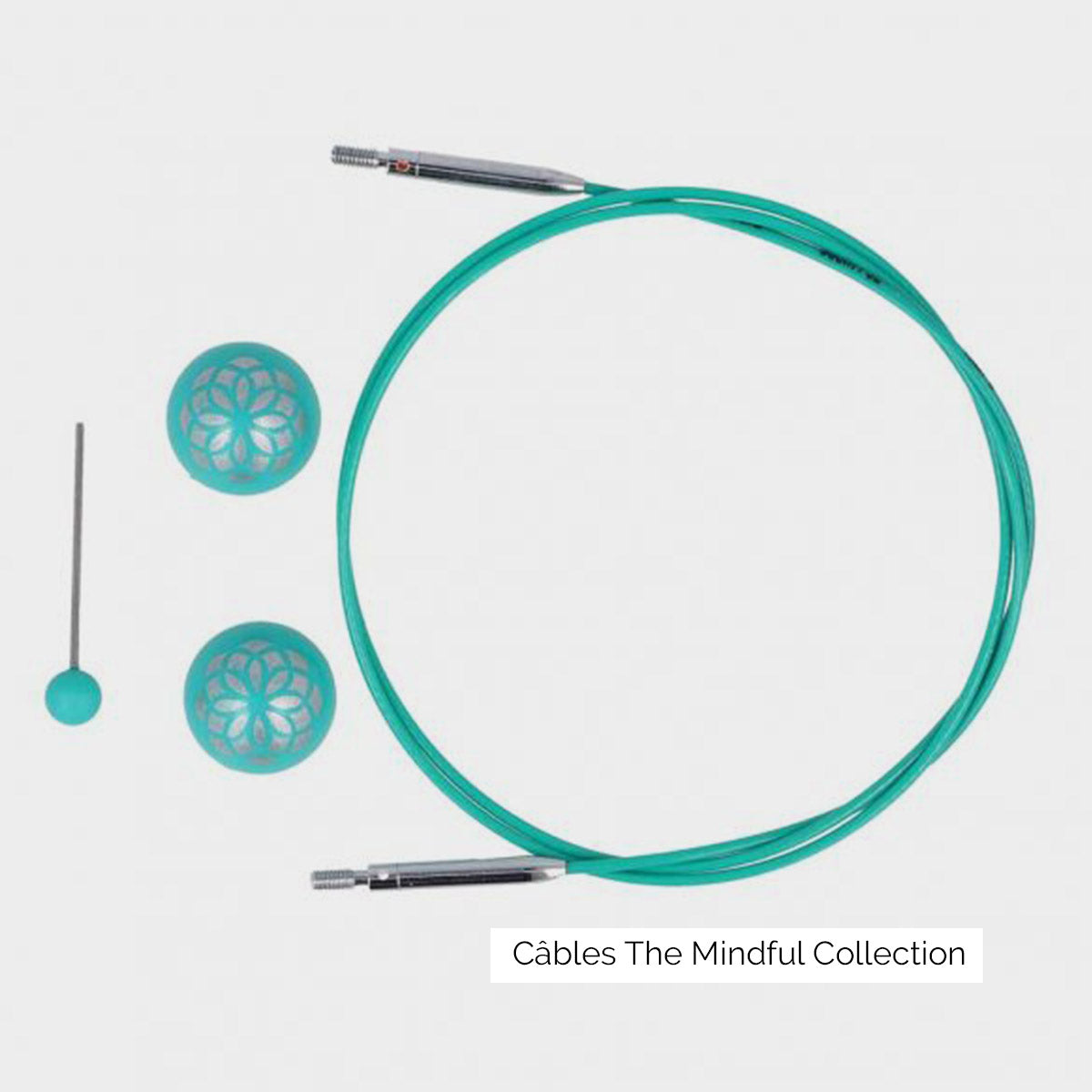 Câble pivotant pour aiguilles circulaires interchangeables Knit Pro, collection Mindful, turquoise et argent avec bouchons stop mailles et clé de serrage assortis