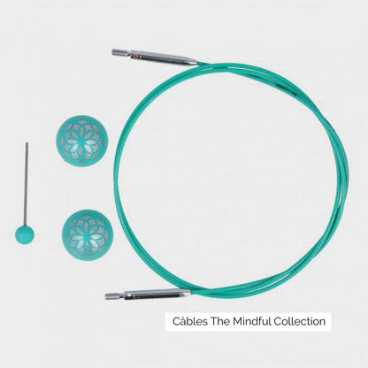 Câble pivotant pour aiguilles circulaires interchangeables Knit Pro, collection Mindful, turquoise et argent avec bouchons stop mailles et clé de serrage assortis