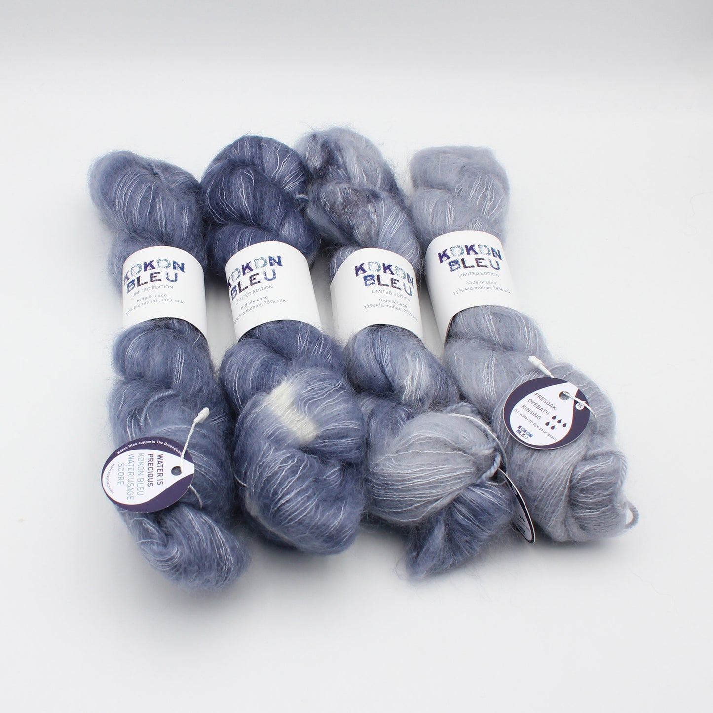 Echeveaux de Kidsilk de Kokon, coloris Jean-Michel, de gauche à droite : semisolid, tie-dye, speckles, fade 1