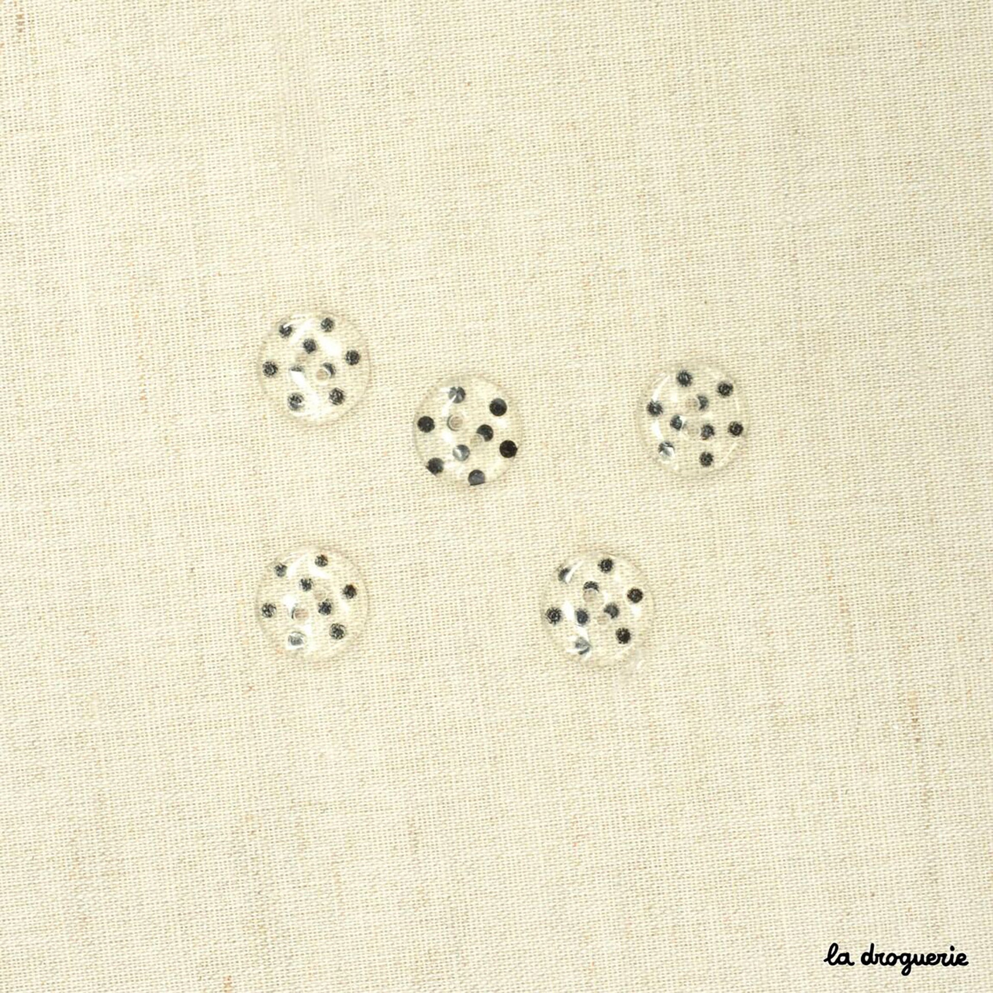 Boutons La Droguerie modèle Cristal Pois (Transparent-Noir ; 14mm)