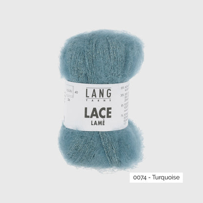 Echeveau de mohair, soie et lurex Lace Lamé de Lang Yarns, coloris 0074 Turquoise