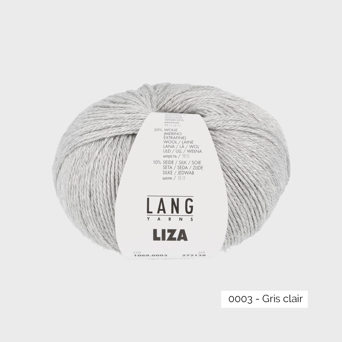 Pelote de Liza de Lang Yarns, mélange de bambou laine et soie, coloris 0003 gris clair