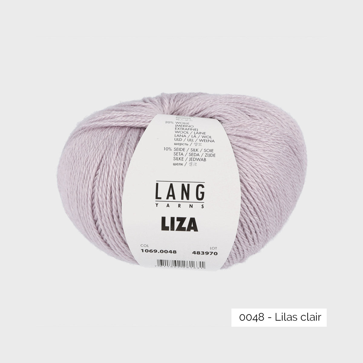 Pelote de Liza de Lang Yarns, mélange bambou, laine et soie, coloris 0048 Lilas Clair