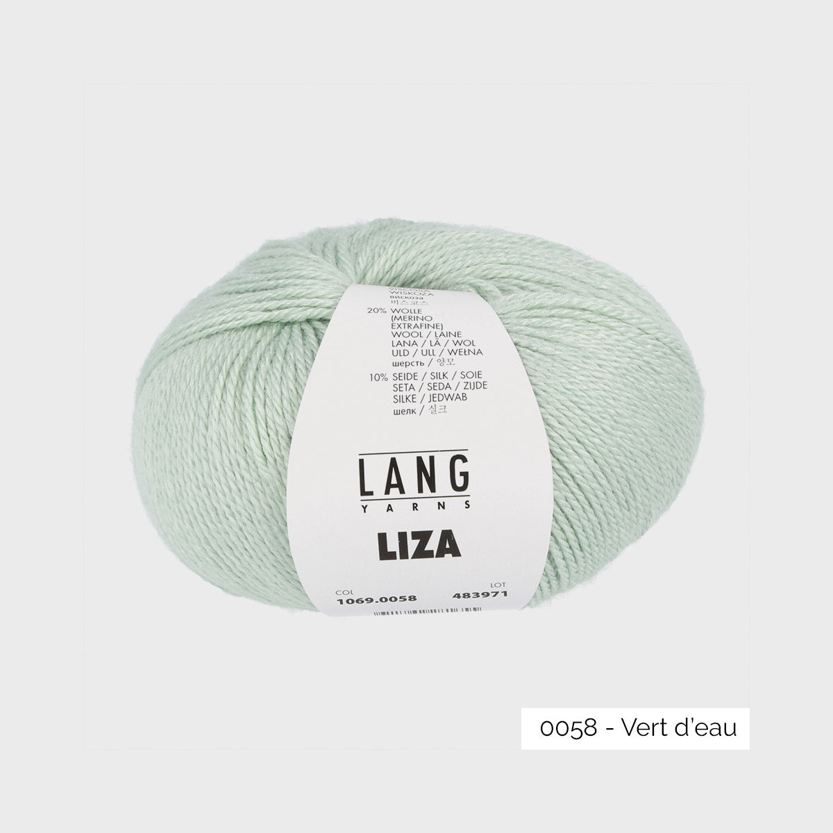 Pelote de Liza de Lang Yarns, mélange bambou, mérinos et soie, coloris 0058 Vert d'eau