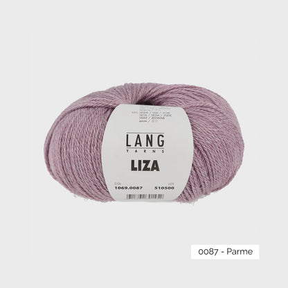 Pelote de Liza de Lang Yarns, mélange de bambou, mérinos et soie, coloris 0087 Parme