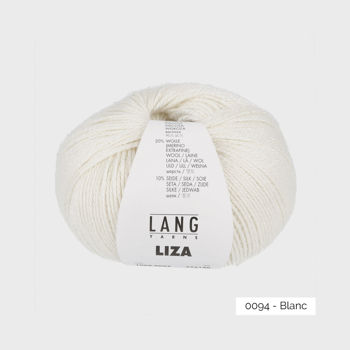 Pelote de Liza de Lang Yarns, mélange de bambou, mérinos et soie, coloris 0094 Blanc