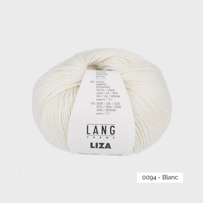 Pelote de Liza de Lang Yarns, mélange de bambou, mérinos et soie, coloris 0094 Blanc