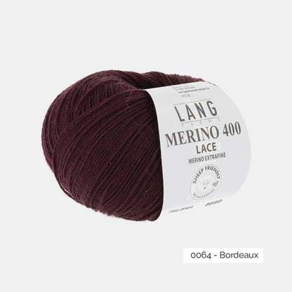 Pelote de Merino 400 Lace de Lang Yarns, coloris 0064 Bordeaux