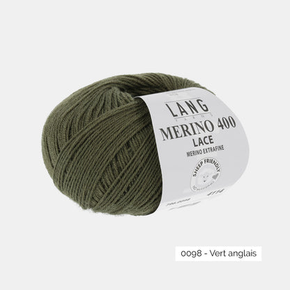 Pelote de Merino 400 Lace de Lang Yarns, coloris 0098 Vert Anglais