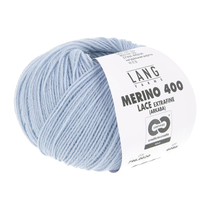 Pelote de Merino 400 Lace de Lang Yarns, coloris 020 Bleu Glacier