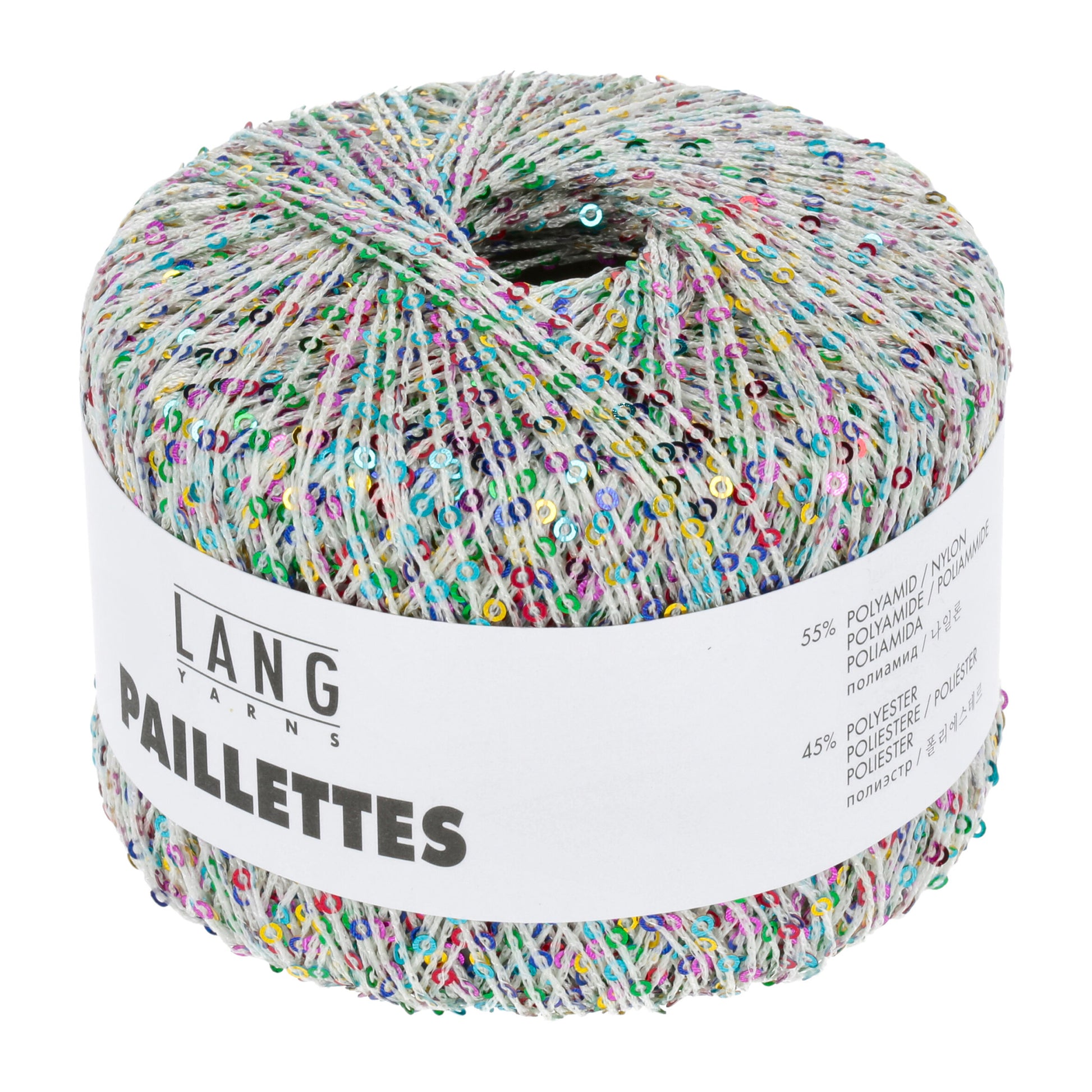 Pelote de Paillettes de Lang Yarns coloris 101 Blanc / Sequins Arc en Ciel
