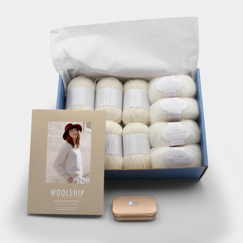 Présentation du coffret pour la sortie du livre Woolship édité par Julie Partie pour Lili Comme Tout avec le livre, la box SOS et de la laine pour un pull