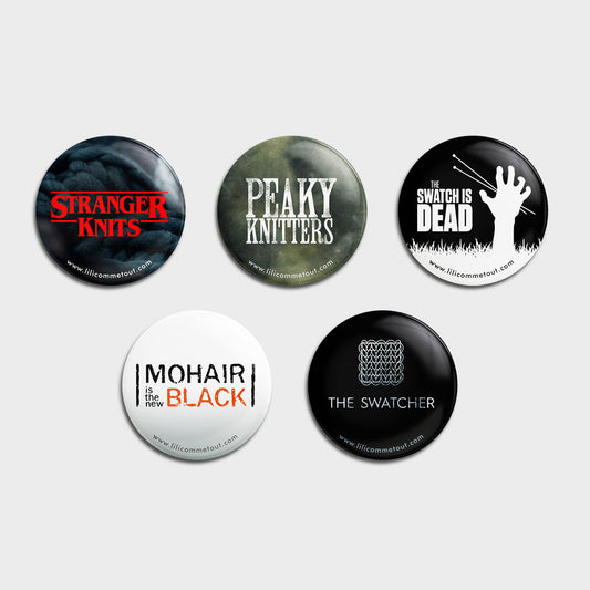 Badges pour tricoteuses et tricoteurs fans de Stranger Things, Walking Dead, Peaky Blinders, Orange is the New Black et The Witcher