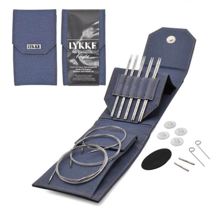 Kit de circulaires interchangeables Flight Mini de Lykke, longueur de pointes 13 cm, pochette Denim