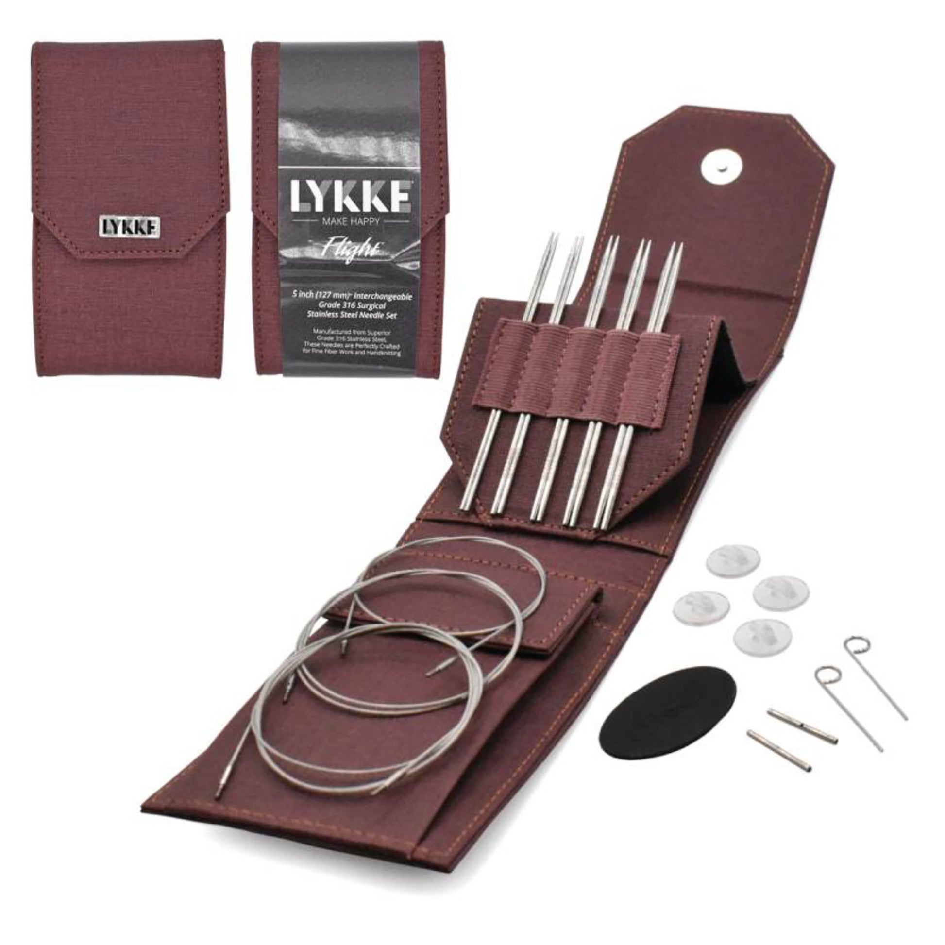 Kit de circulaires interchangeables Flight Mini de Lykke, longueur de pointes 13 cm, pochette Maroon