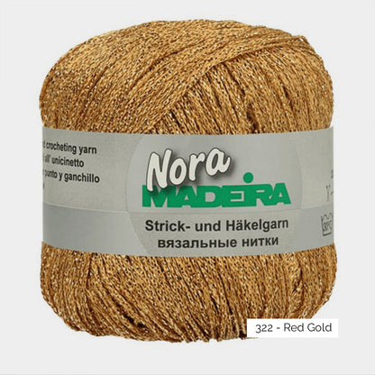 Pelote de fil pailleté Nora de Madeira, 80% viscose, coloris 322 Red Gold