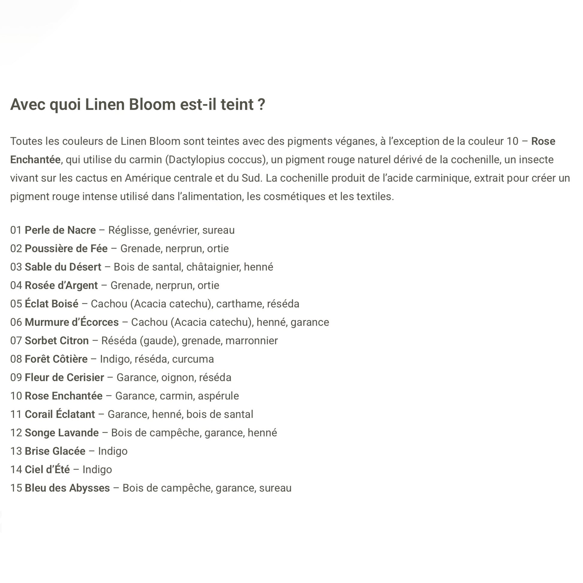 Matières utilisées pour teindre le fil Linen Bloom de Pascuali (source : http://www.pascuali.de)