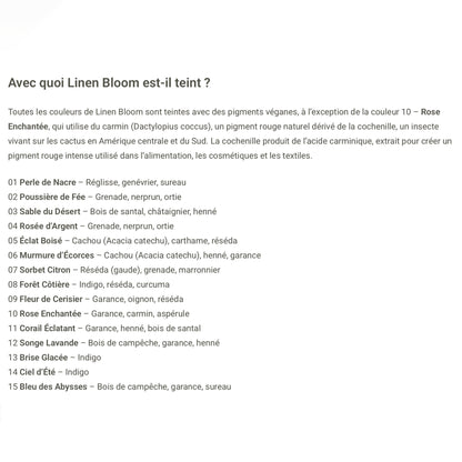 Matières utilisées pour teindre le fil Linen Bloom de Pascuali (source : http://www.pascuali.de)