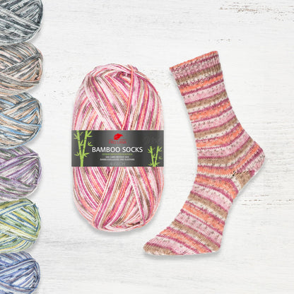 Pelote et rendu tricoté du fil à chaussettes d'été Bamboo Socks de Pro Lana, coloris 964 (autorayante rose, orange et vert) et autres coloris de la gamme