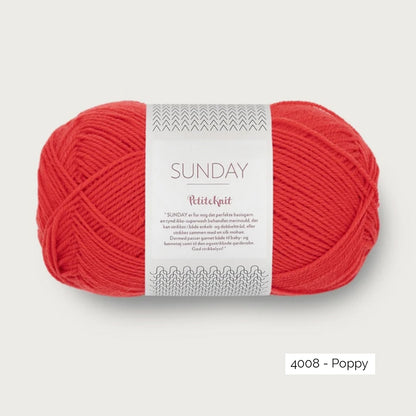 Pelote de mérinos non superwash Sunday de Sandnes Garn, collection Petite Knit, coloris 4008 Poppy