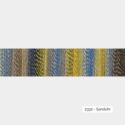 Dégradé de couleurs d'une pelote de laine à chaussettes autorayantes Crazy Zauberball de Schoppel Wolle coloris 2332 Sanduhr (dégradé bleu jaune sable)