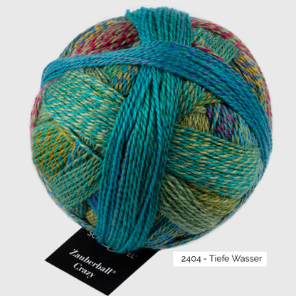 Pelote de laine à chaussettes autorayantes Crazy Zauberball de Schoppel Wolle coloris 2404 Tiefe Wasser (dégradé bleu vert brun)