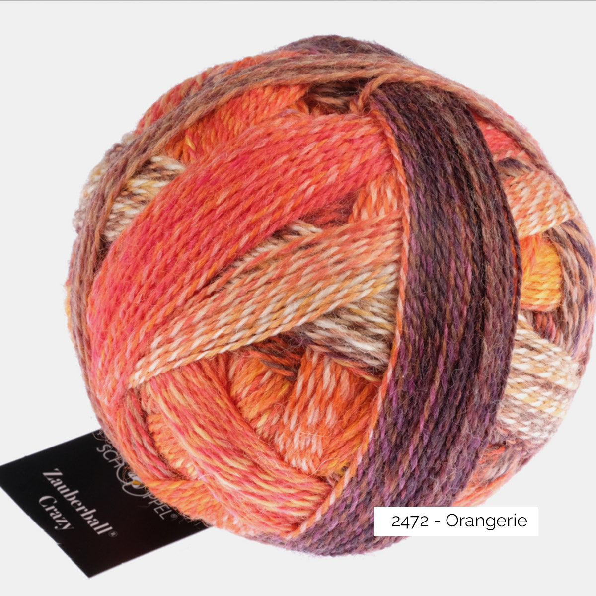 Pelote de laine à chaussettes autorayantes Crazy Zauberball de Schoppel Wolle coloris 2472 Orangerie (dégradé orange violet marron)