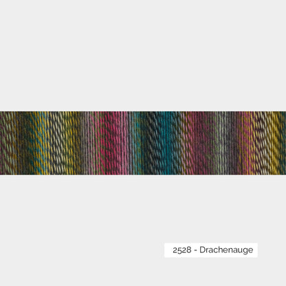 Dégradé de couleurs d'une pelote de laine à chaussettes autorayantes Crazy Zauberball de Schoppel Wolle coloris 2528 Drachenauge (dégradé arc-en-ciel sombre)