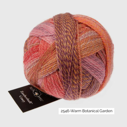 Pelote de laine à chaussettes autorayantes Crazy Zauberball de Schoppel Wolle coloris 2546 Warm Botanical Garden (dégradé rouge orange brun pastel)